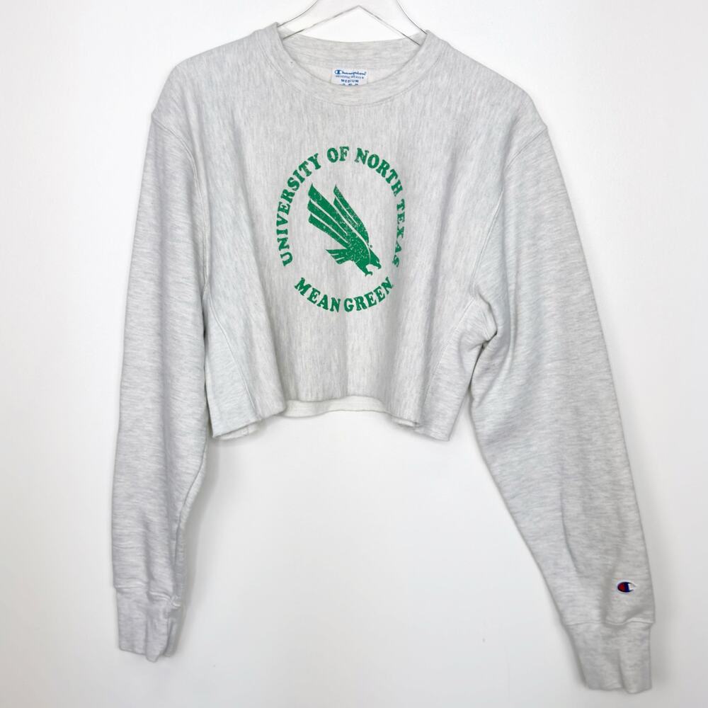 Champion North Texas Mean Green Gray Reverse Weave Cropped Crew Sweatshirt M